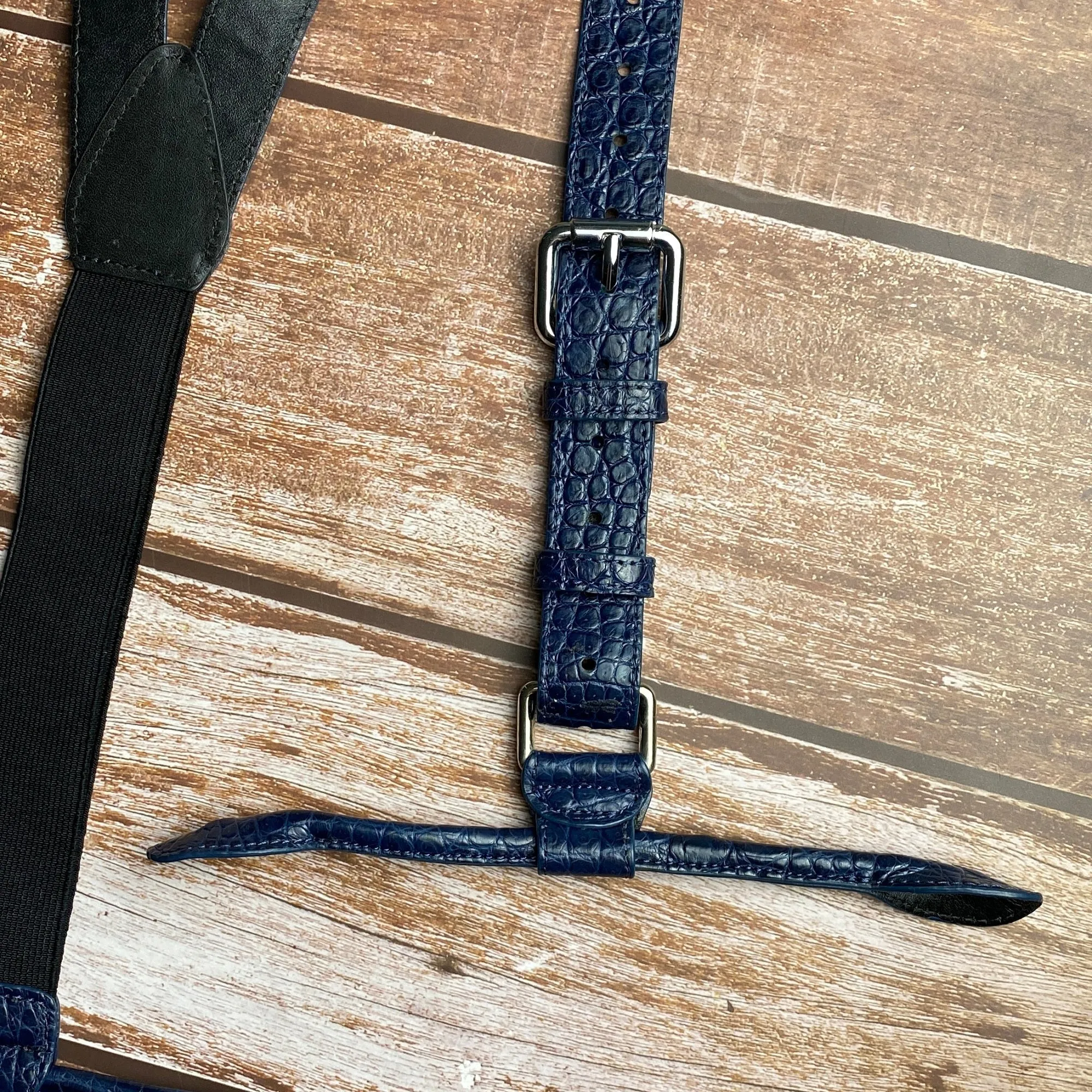 Alligator Y-Back Navy Blue Leather Suspenders Men Button End - Groomsmen Suspenders - Wedding Groom Suspenders Adjustable