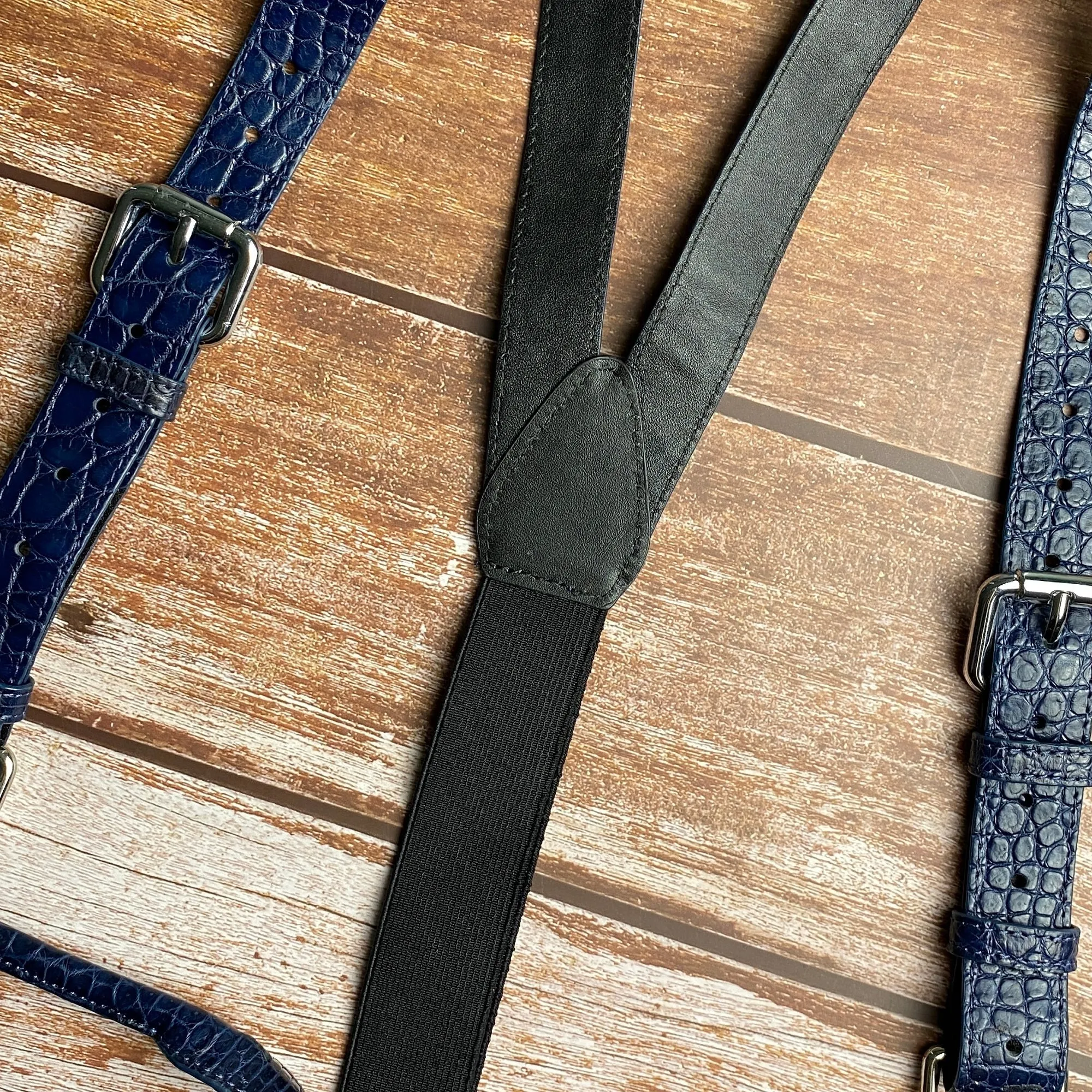 Alligator Y-Back Navy Blue Leather Suspenders Men Button End - Groomsmen Suspenders - Wedding Groom Suspenders Adjustable