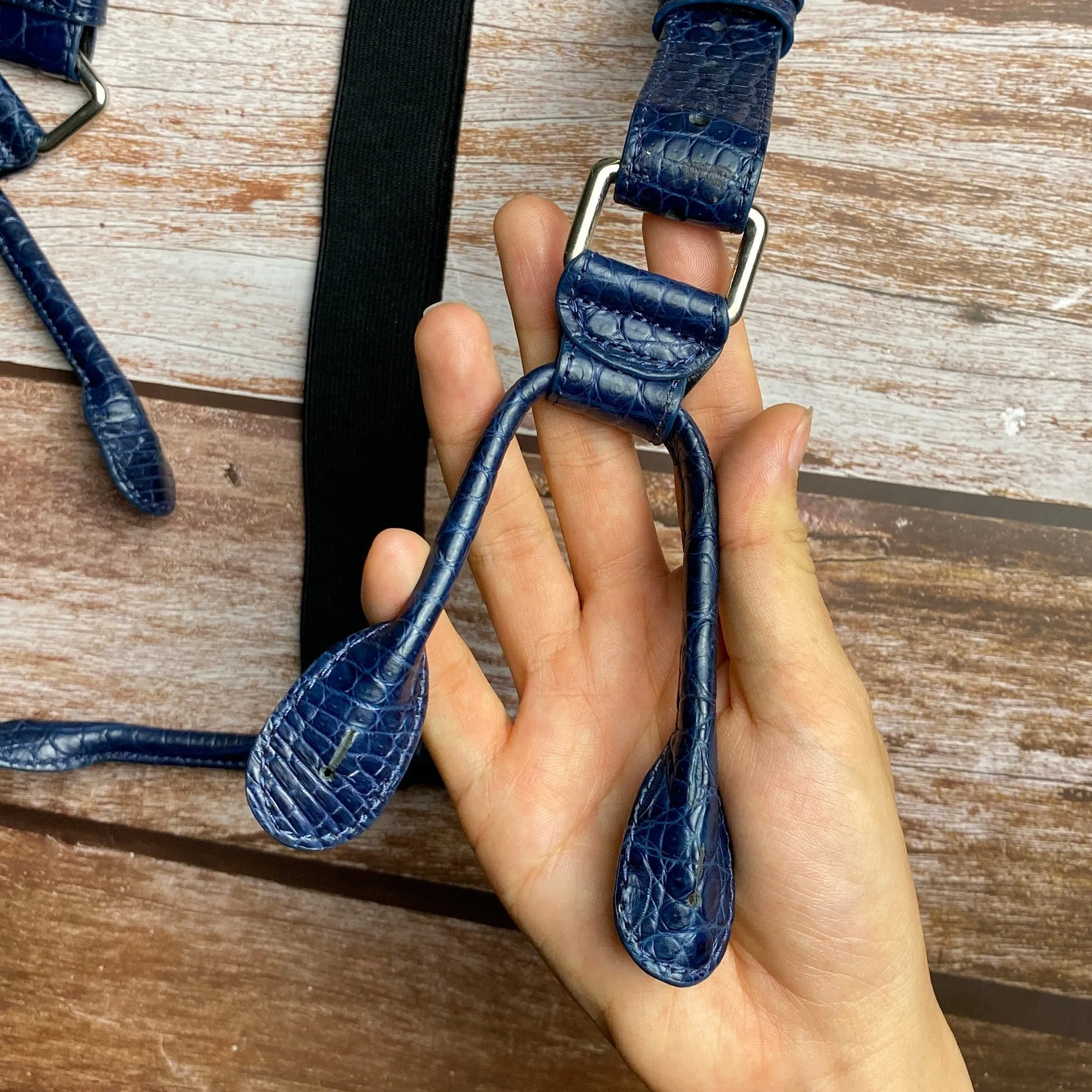 Alligator Y-Back Navy Blue Leather Suspenders Men Button End - Groomsmen Suspenders - Wedding Groom Suspenders Adjustable