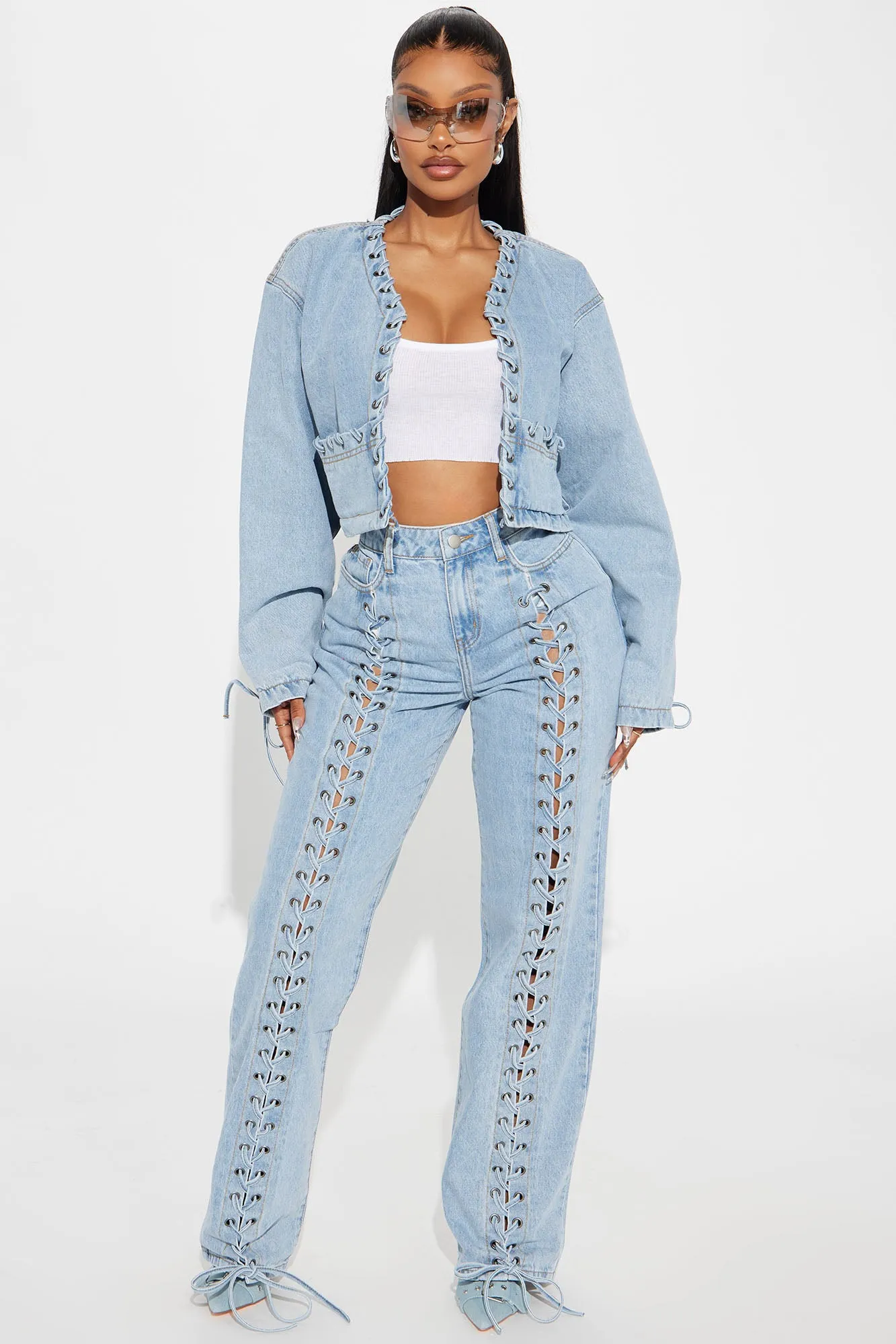 Amplified Cropped Lace Up Denim Jacket - Light Wash