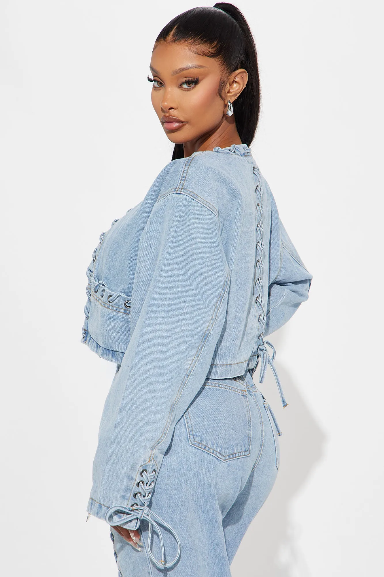 Amplified Cropped Lace Up Denim Jacket - Light Wash