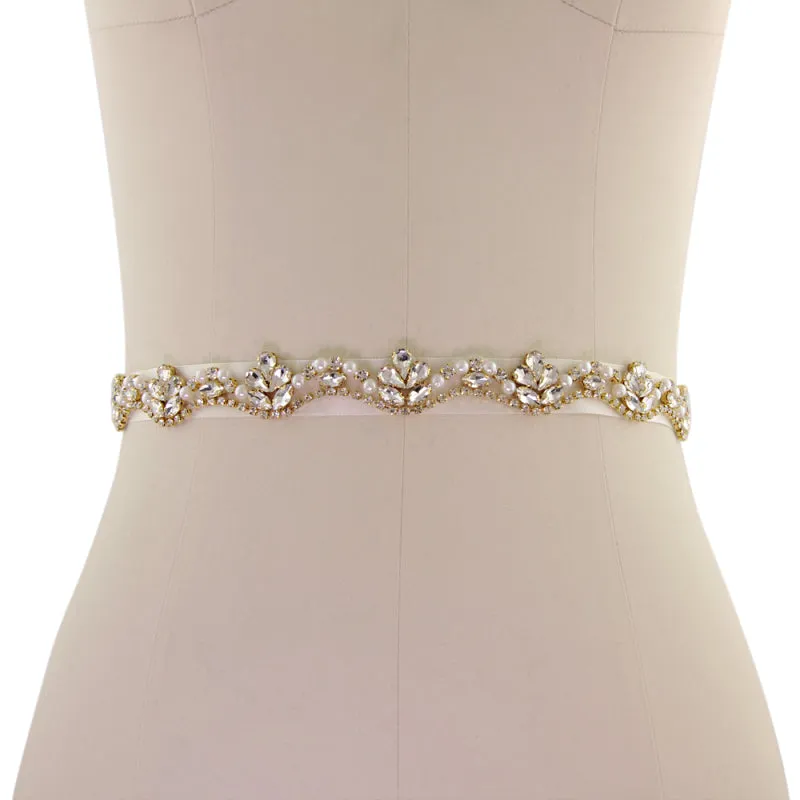 Annabelle Pearl and Crystal Bridal Belt - Gold