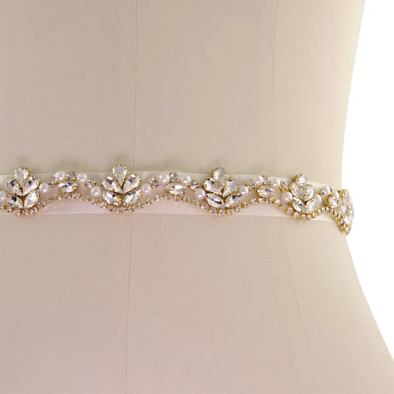 Annabelle Pearl and Crystal Bridal Belt - Gold