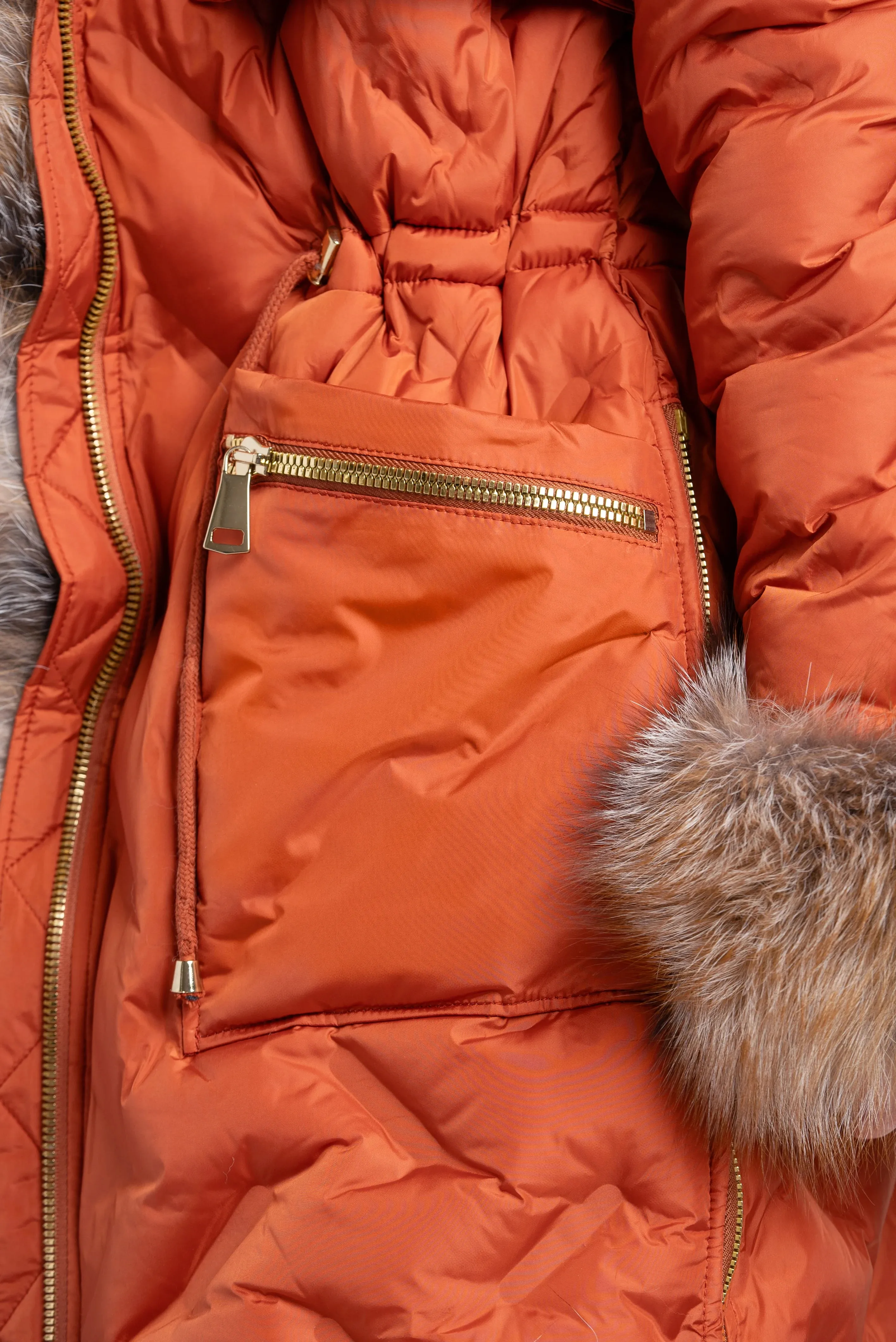 Arctic Glow: Luxe Orange Fox Fur-Trimmed Winter Jacket