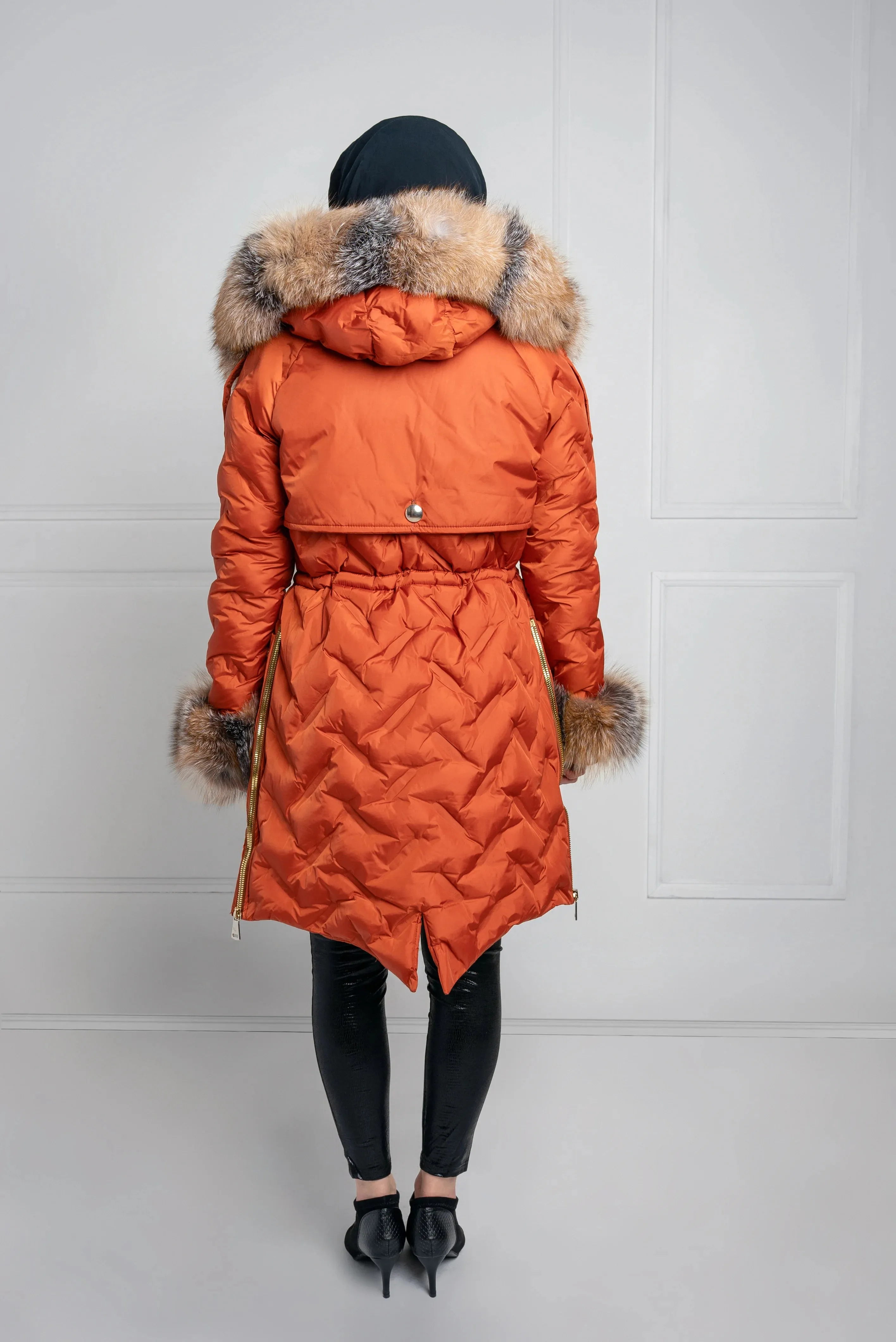 Arctic Glow: Luxe Orange Fox Fur-Trimmed Winter Jacket