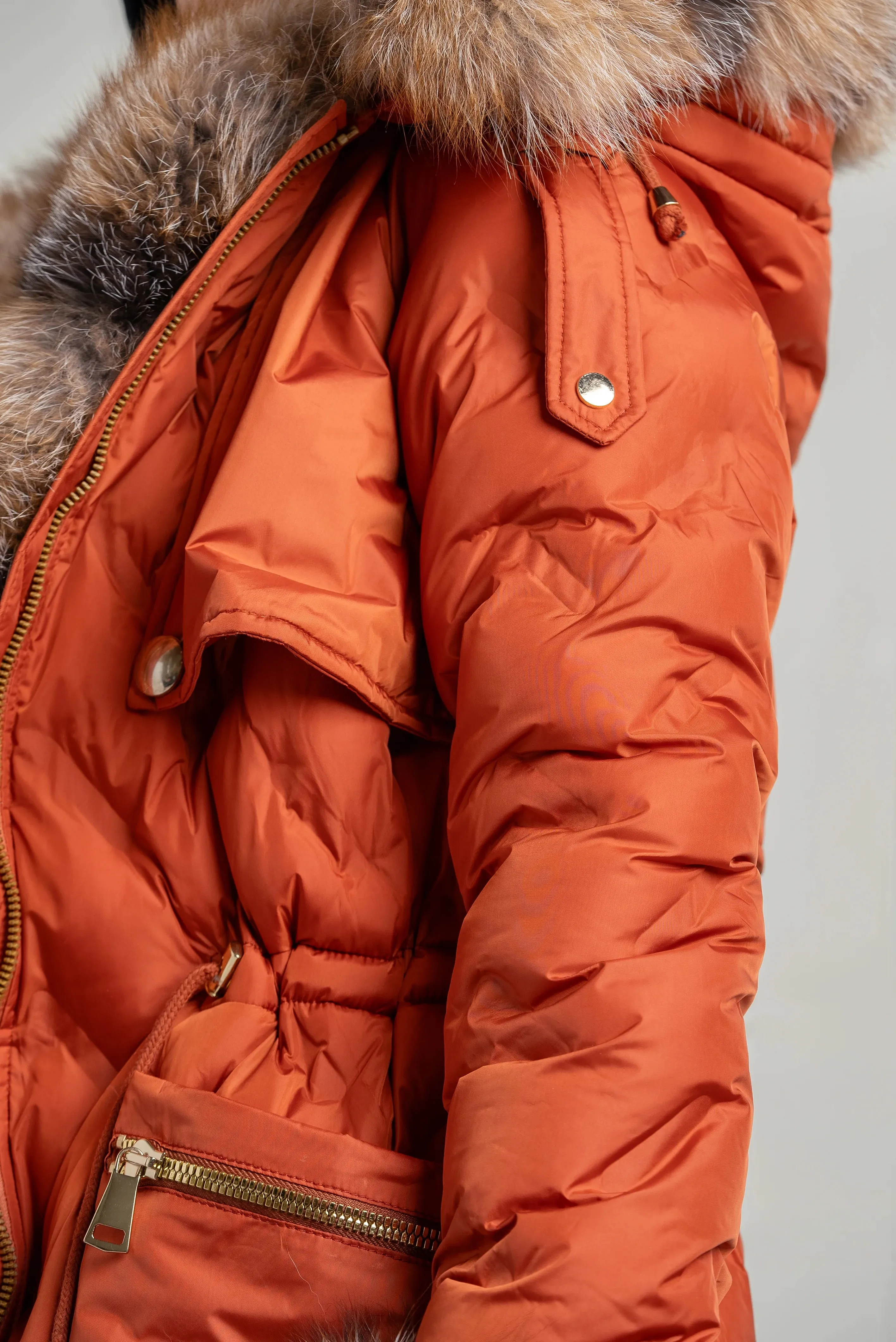 Arctic Glow: Luxe Orange Fox Fur-Trimmed Winter Jacket