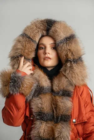 Arctic Glow: Luxe Orange Fox Fur-Trimmed Winter Jacket