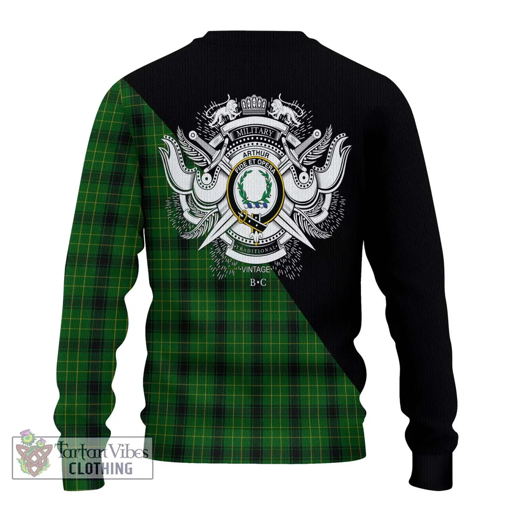 Arthur Highland Tartan Ugly Sweater with Family Crest and Military Logo Style