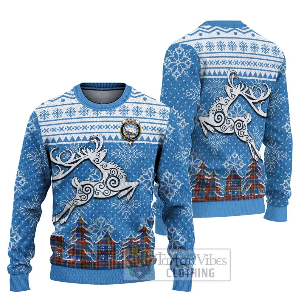 Bethune Clan Christmas Ugly Sweater with Tartan and Celtic Reindeer Style