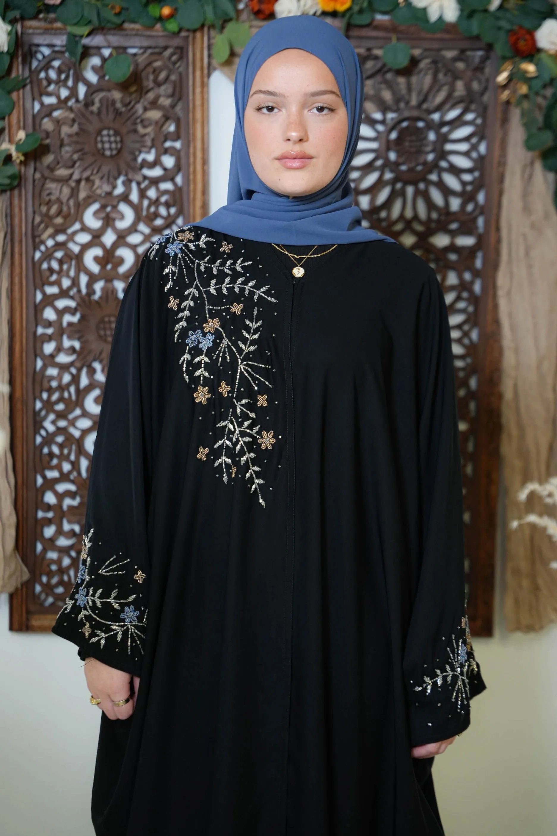 Black Beaded Kimono Sleeves Open Front Abaya