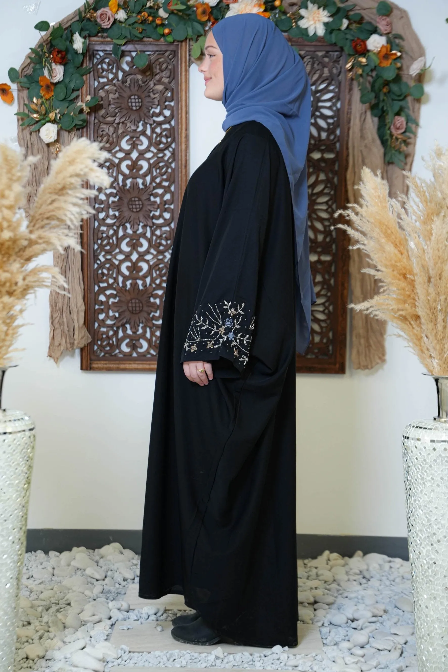 Black Beaded Kimono Sleeves Open Front Abaya