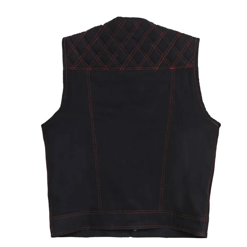 Black Denim Vest Leather vest Red Stich Leather Motorcycle Diamond Quilted Men's Leather Vest Biker Rider Club