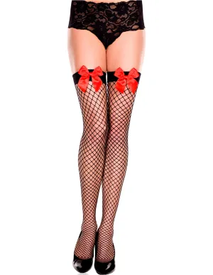 Black Spandex Mini Diamond Net Thigh Hi Hosiery with Red Satin Bow, One Size