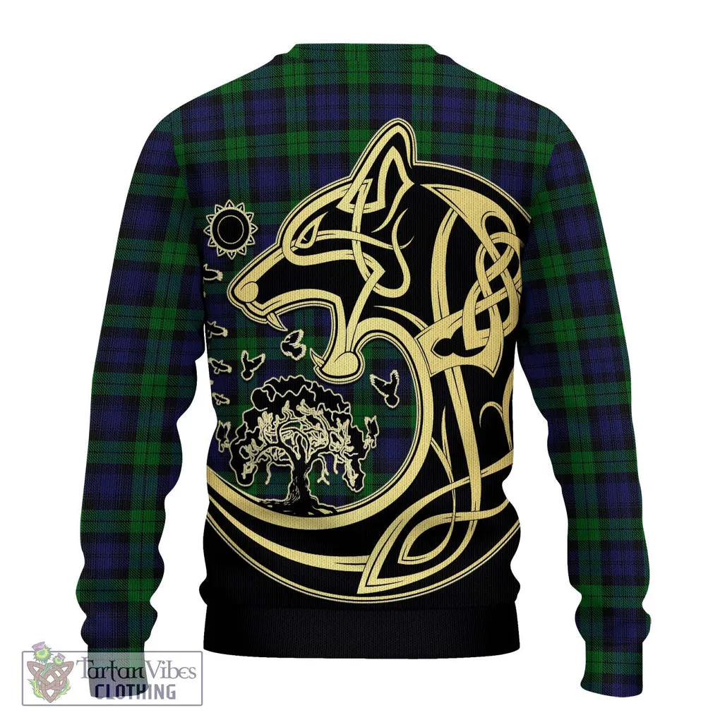 Black Watch Tartan Ugly Sweater with Family Crest Celtic Wolf Style