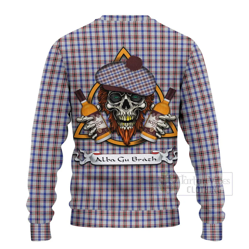 Boswell Tartan Ugly Sweater with Family Crest and Bearded Skull Holding Bottles of Whiskey