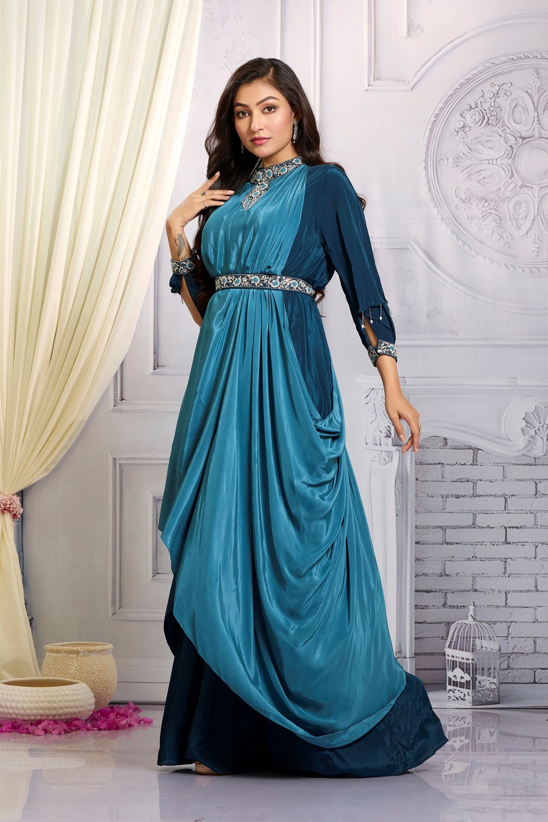 Bright Teal Embellished Chinon Silk Gown