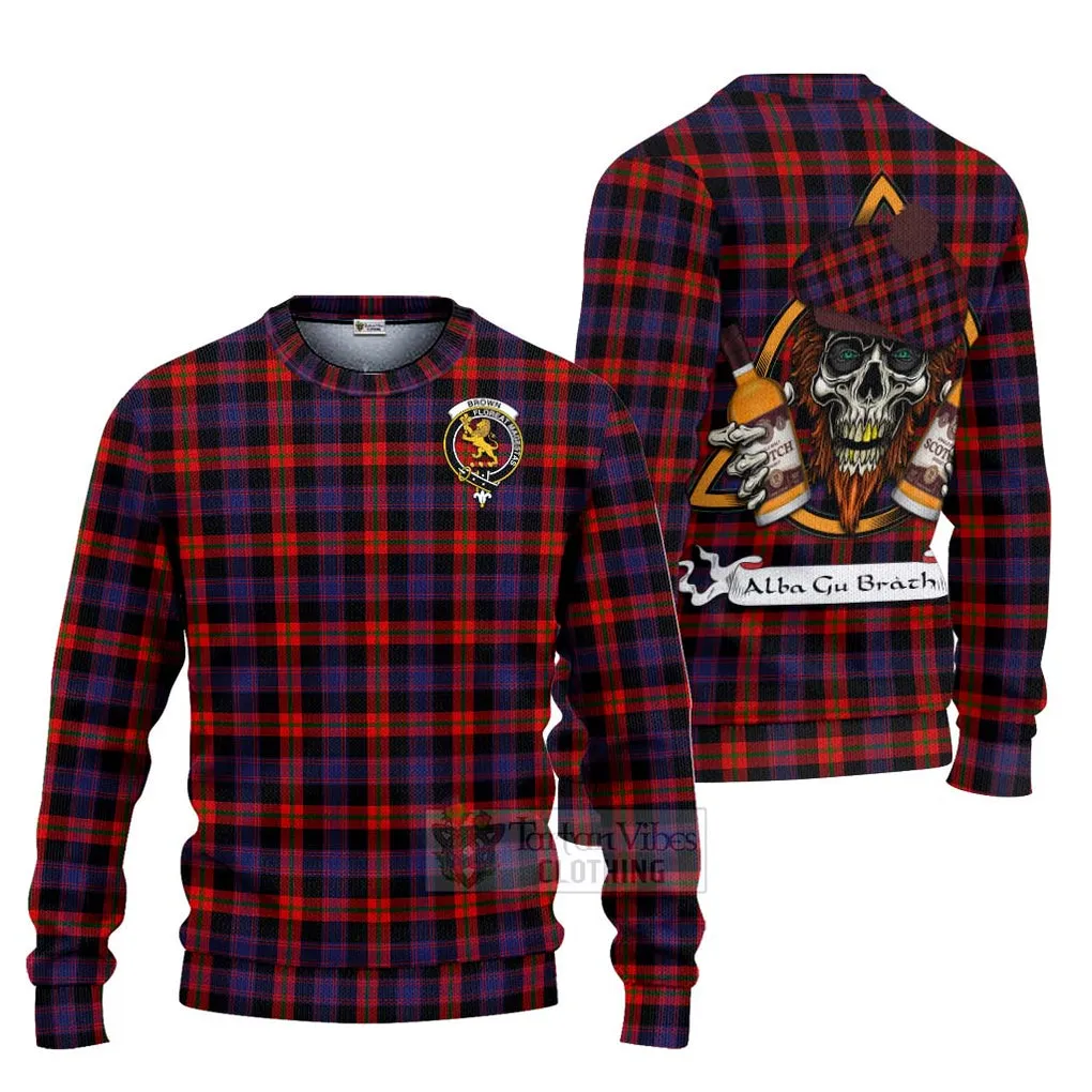 Brown (Broun) Tartan Ugly Sweater with Family Crest and Bearded Skull Holding Bottles of Whiskey