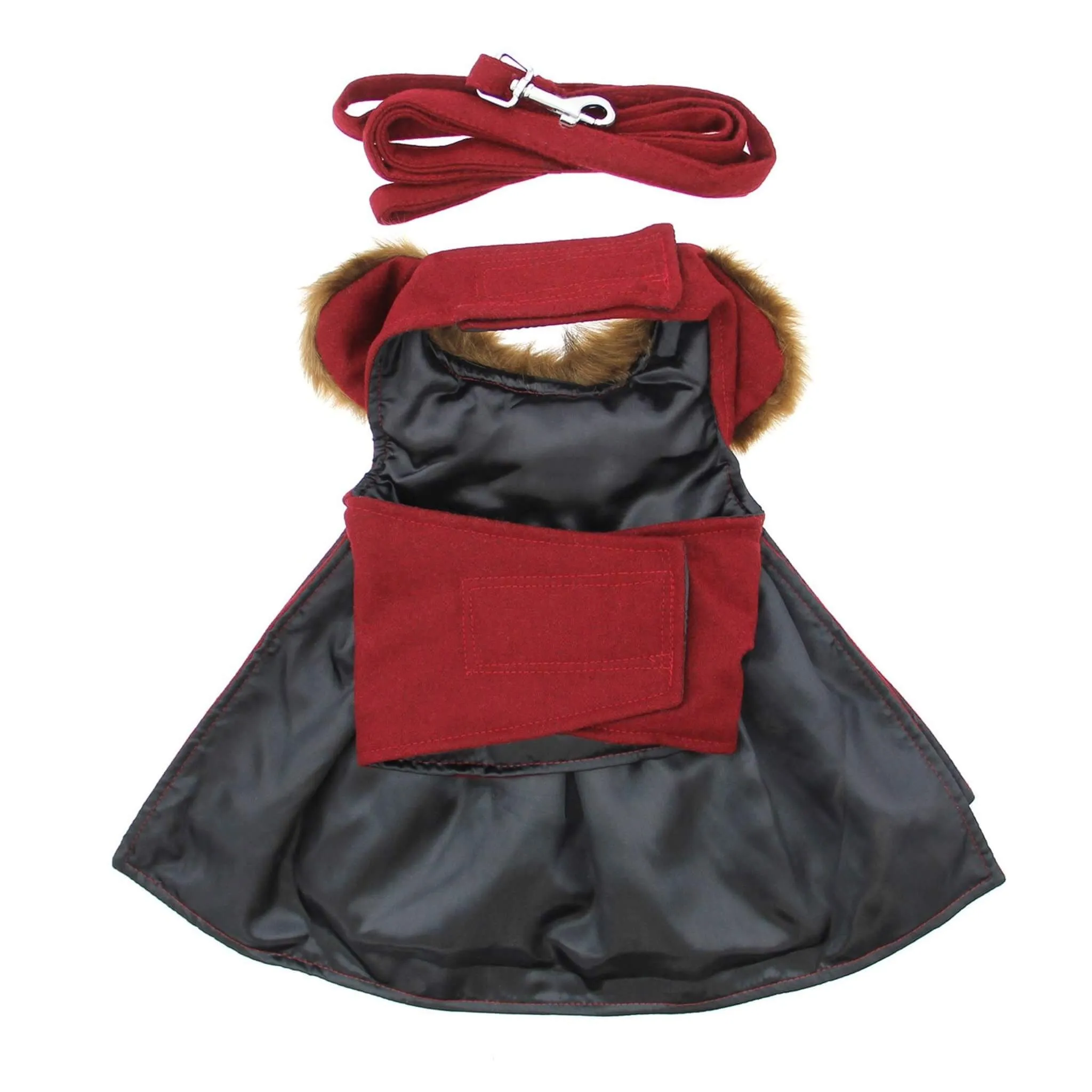 Burgundy Wool Fur-Trimmed Dog Harness Coat