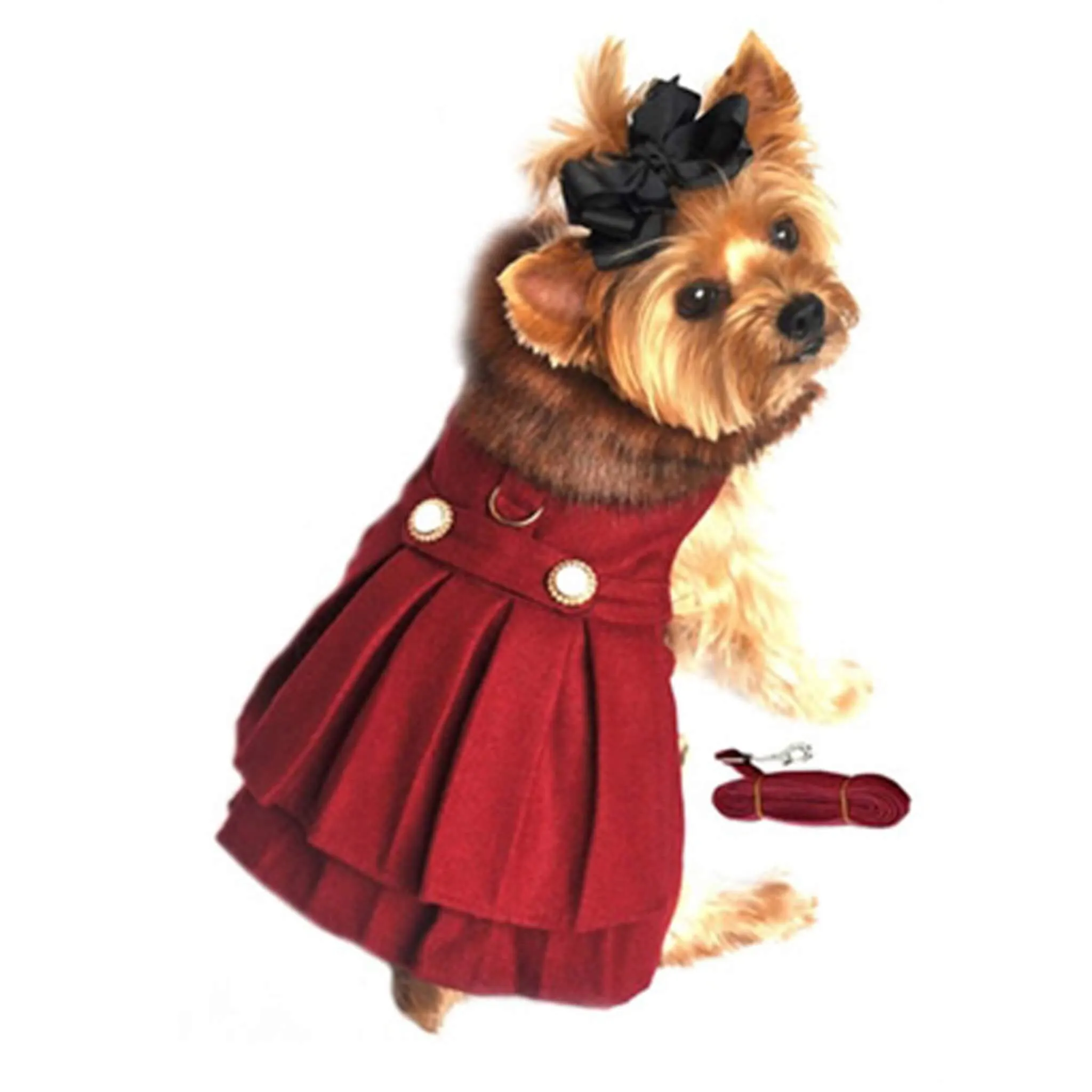 Burgundy Wool Fur-Trimmed Dog Harness Coat