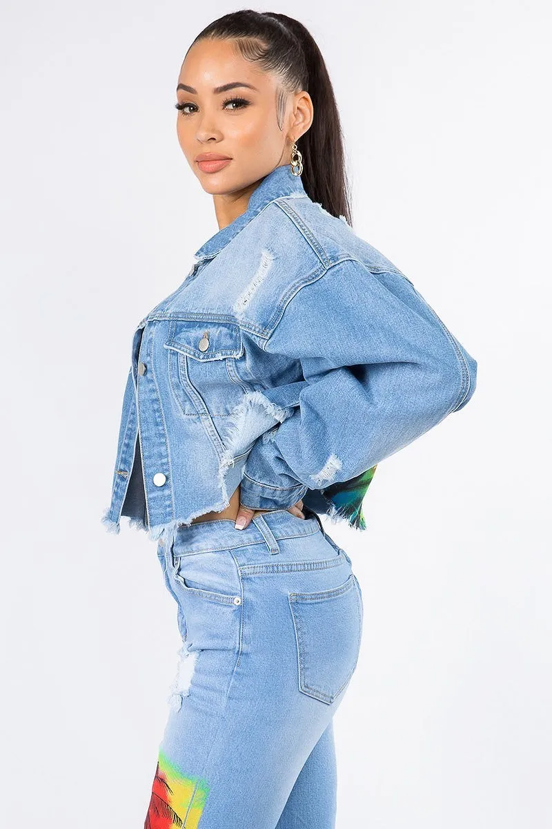 California Painting Cropped Denim Jacket