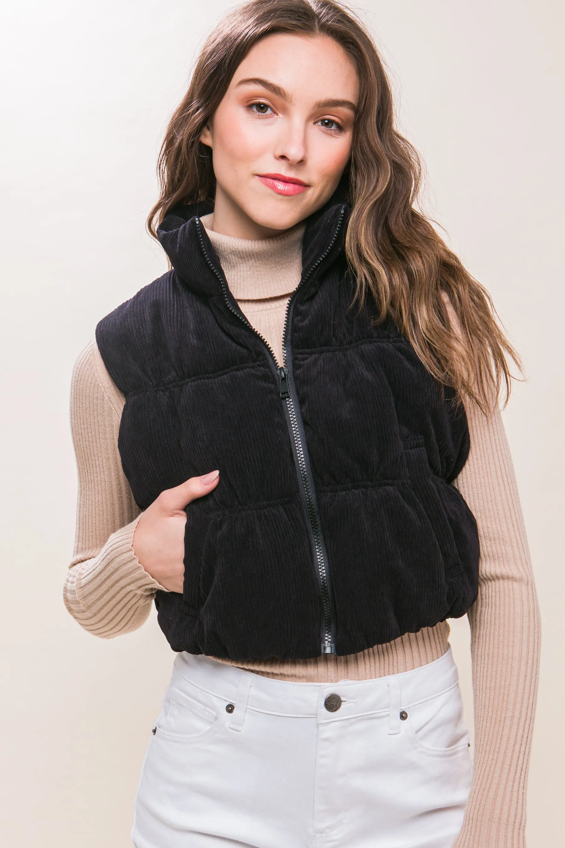 Corduroy Puffer Vest in Black