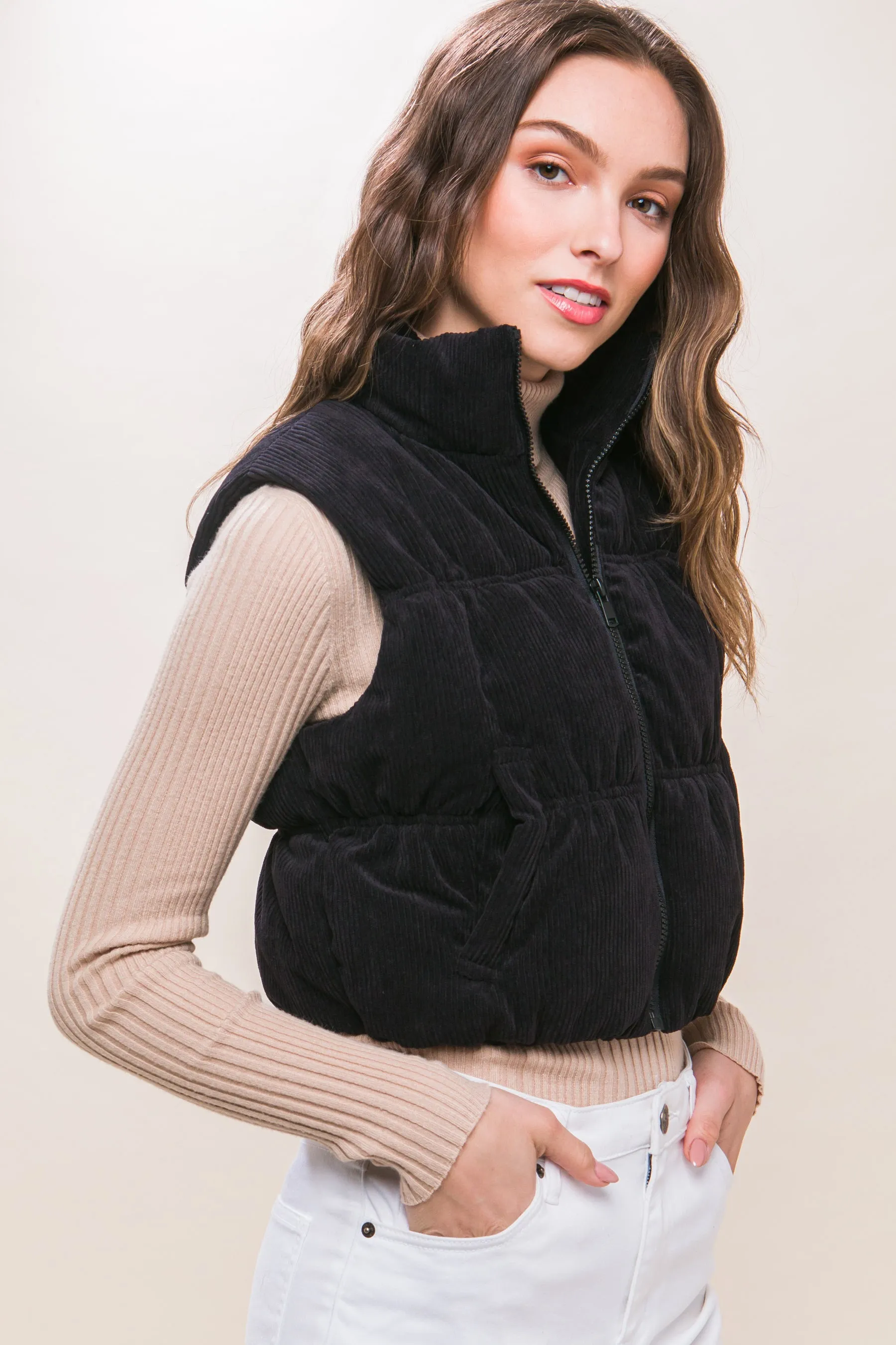 Corduroy Puffer Vest in Black