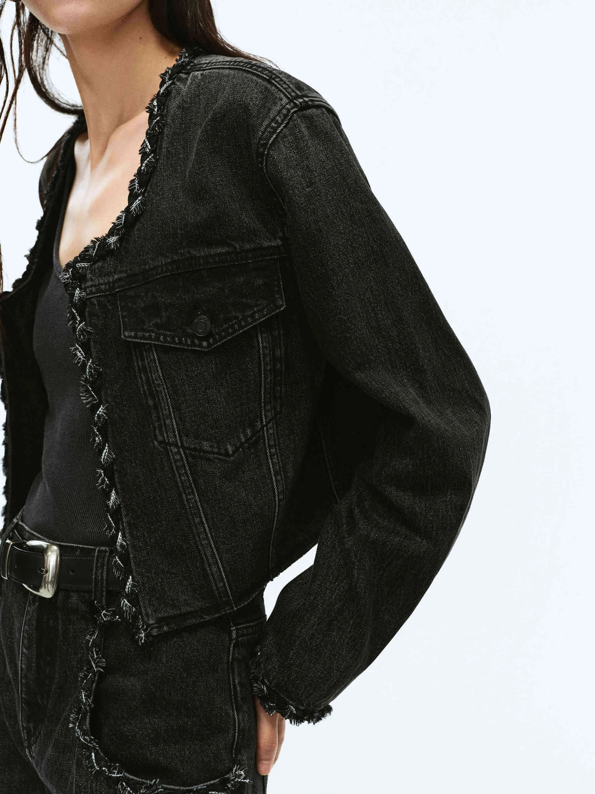 Cropped Collarless Denim Jacket