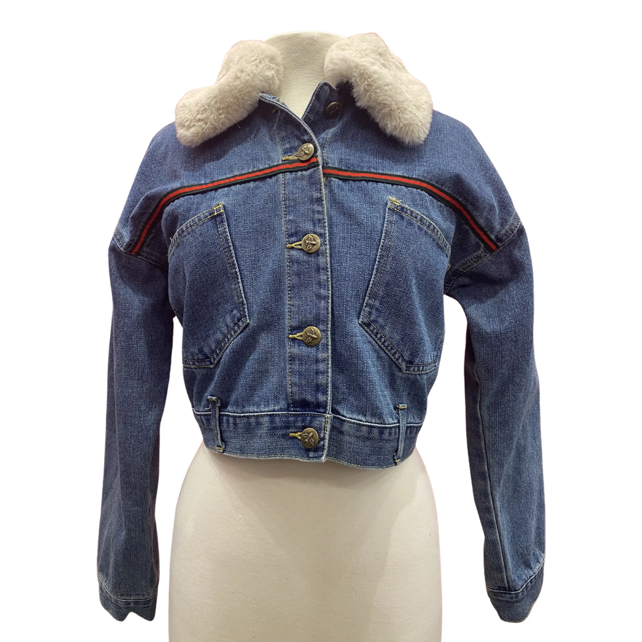 Cropped Denim Jacket with Sheepskin Collar