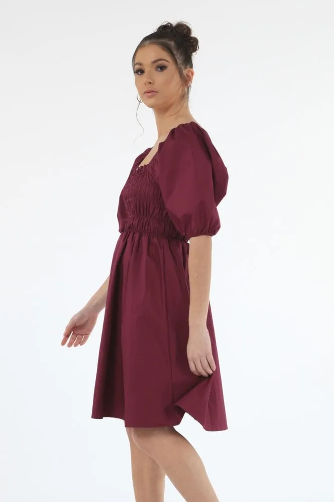 Double Second Wine Ruched Puff Sleeve Dress