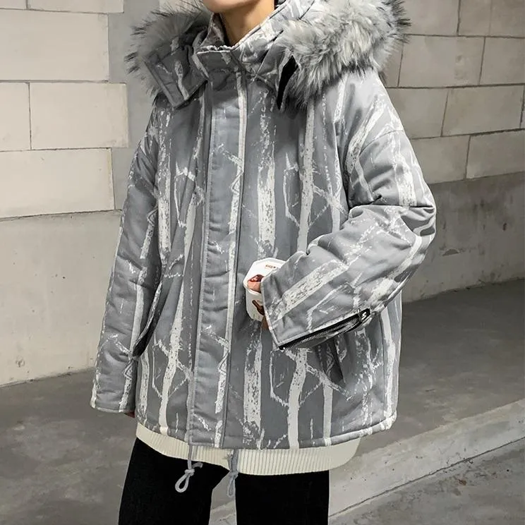 Edgy Print Fur Hood Oversized Winter Jacket