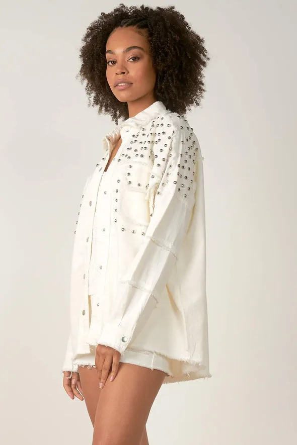 Elan White Distressed Jacket with Silver Studs