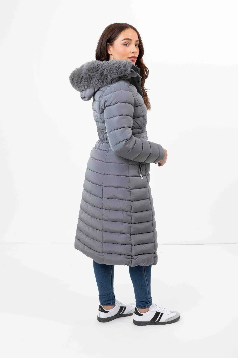 Faux Fur Trimmed Hood Quilted And Belted Shimmer Long Padded Coat