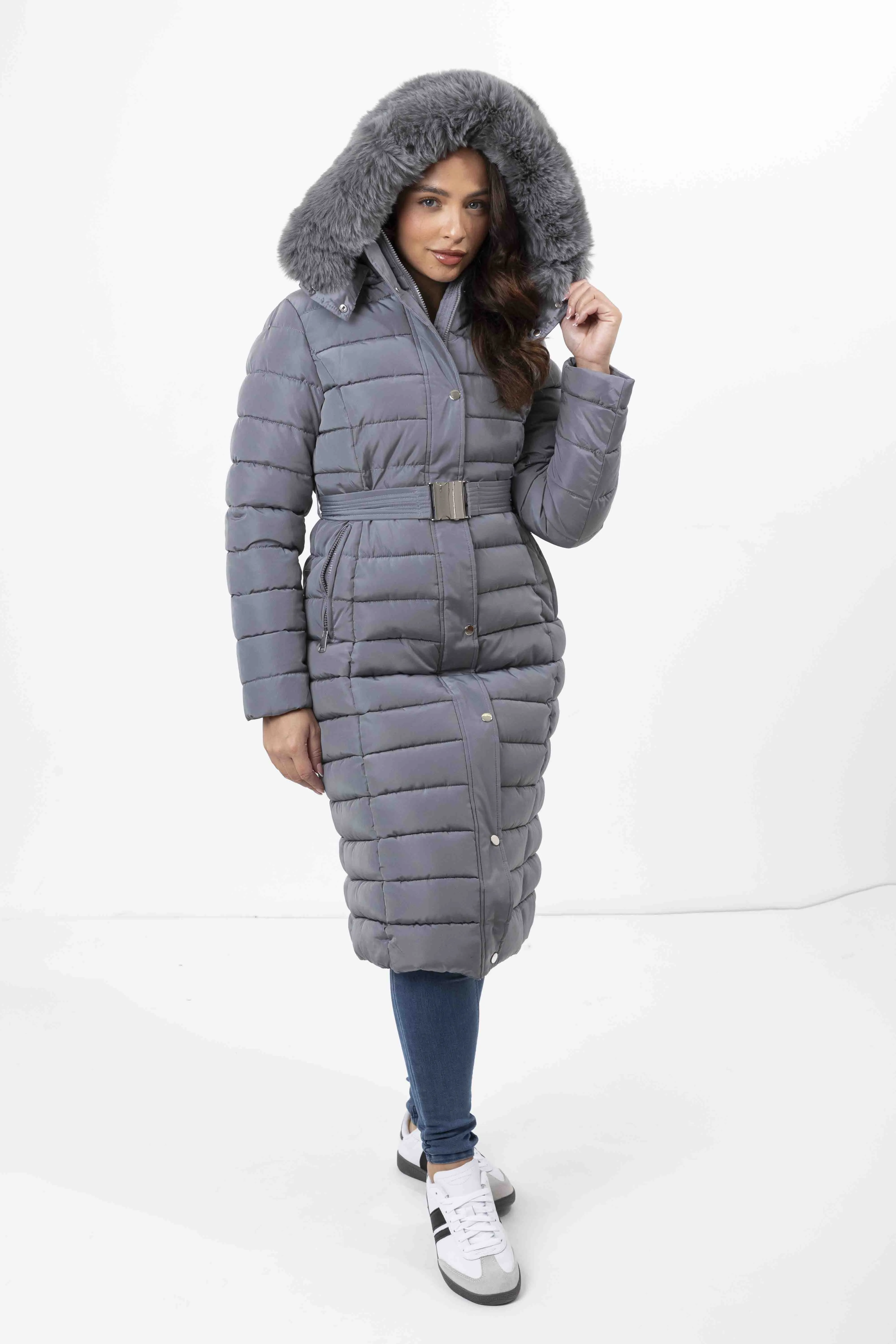 Faux Fur Trimmed Hood Quilted And Belted Shimmer Long Padded Coat