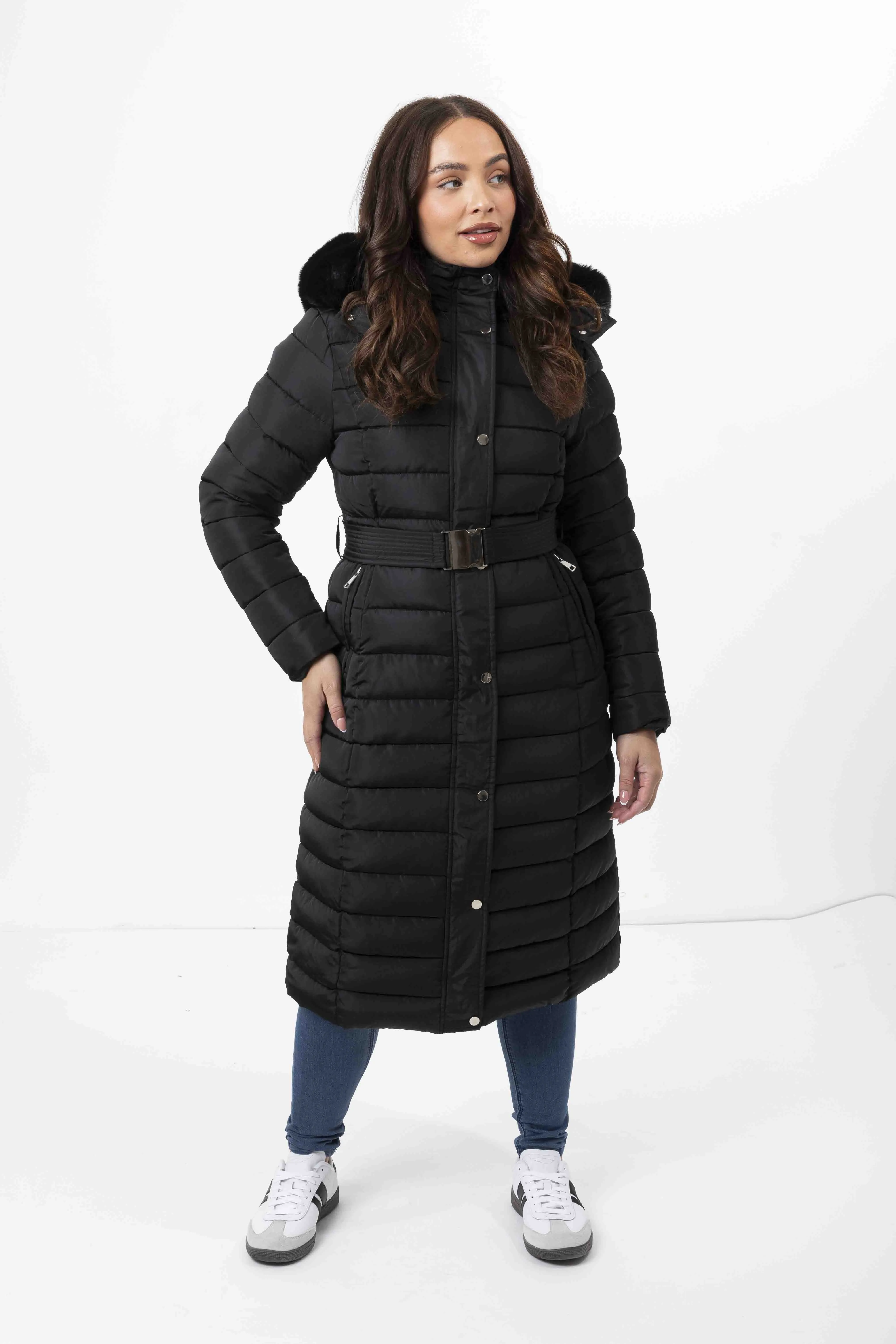 Faux Fur Trimmed Hood Quilted And Belted Shimmer Long Padded Coat