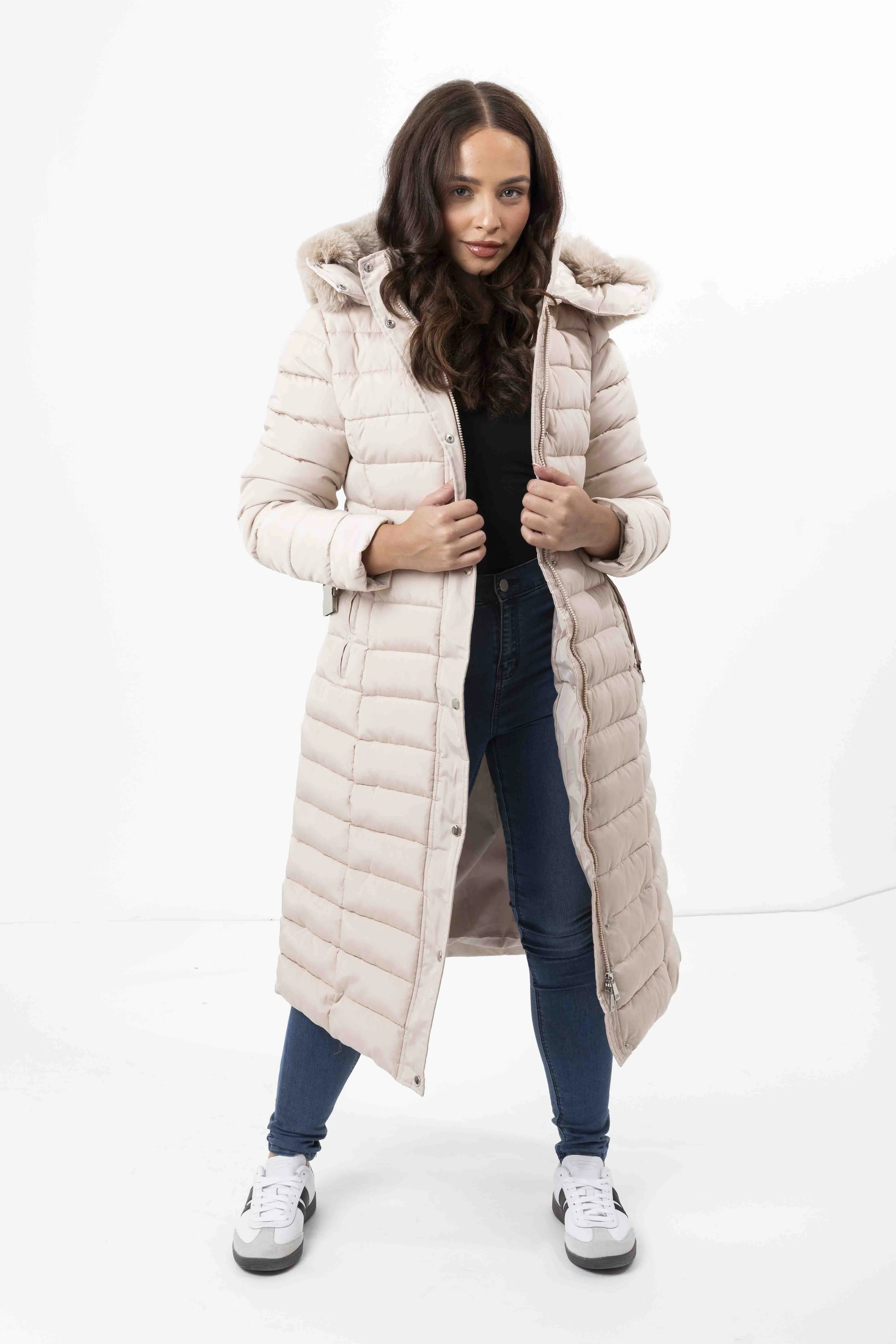 Faux Fur Trimmed Hood Quilted And Belted Shimmer Long Padded Coat