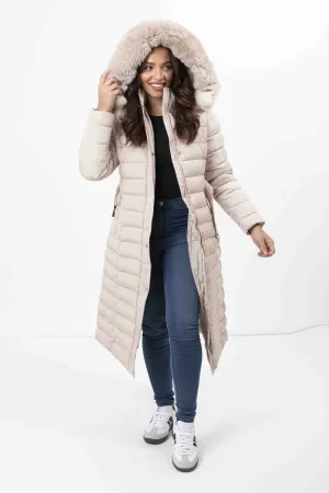 Faux Fur Trimmed Hood Quilted And Belted Shimmer Long Padded Coat