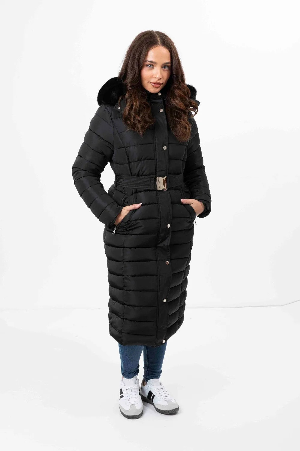 Faux Fur Trimmed Hood Quilted And Belted Shimmer Long Padded Coat