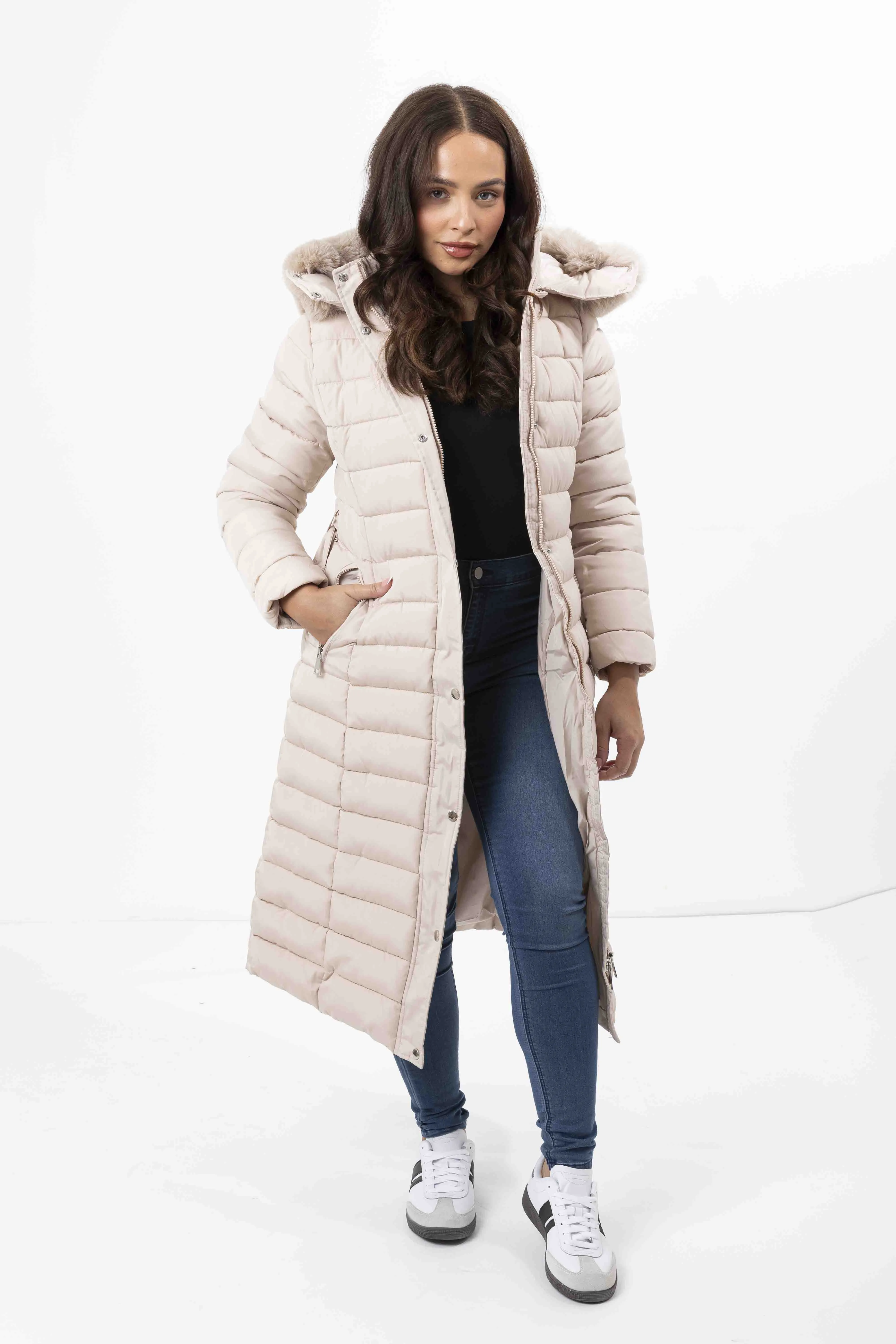 Faux Fur Trimmed Hood Quilted And Belted Shimmer Long Padded Coat