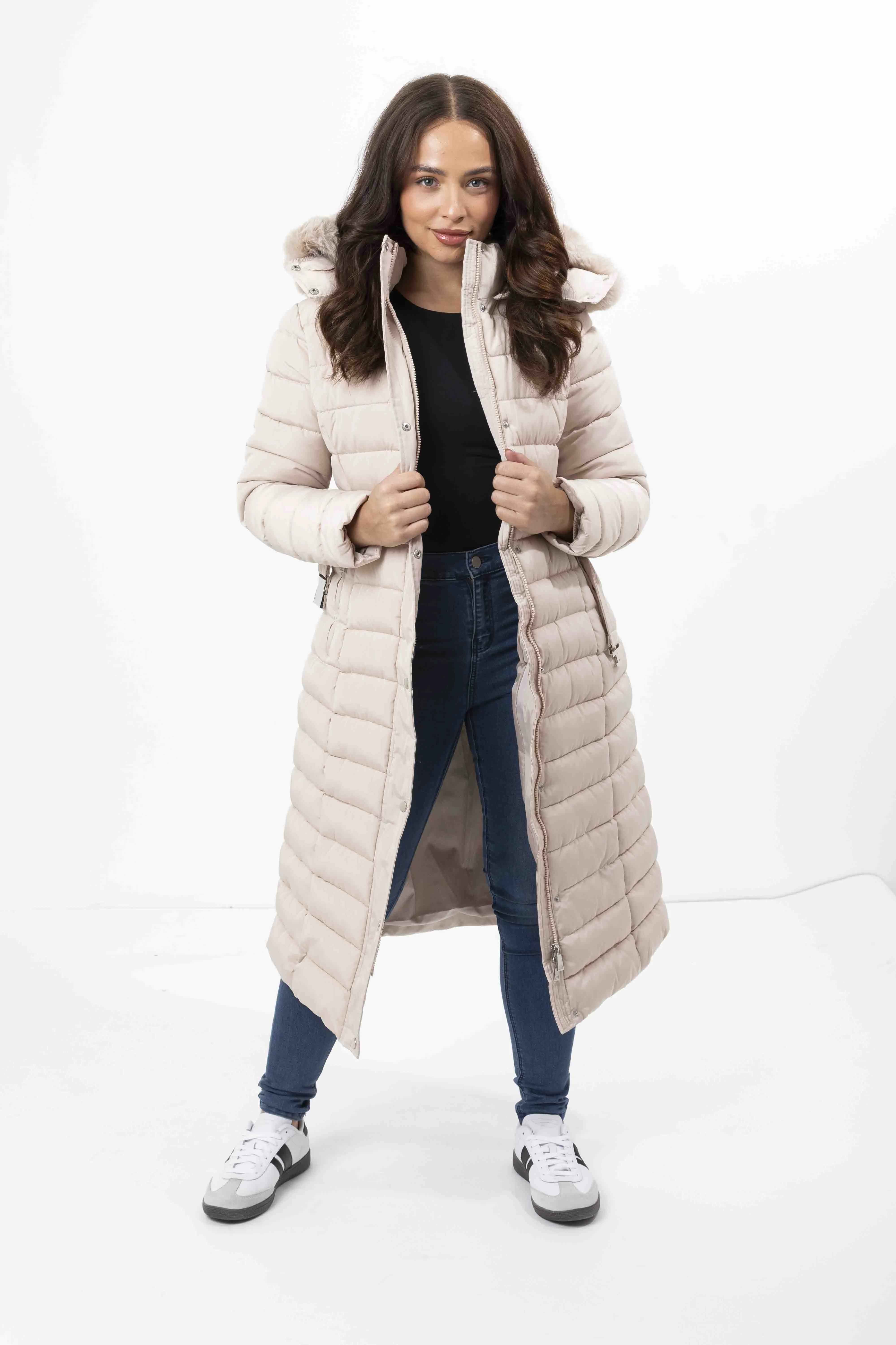 Faux Fur Trimmed Hood Quilted And Belted Shimmer Long Padded Coat