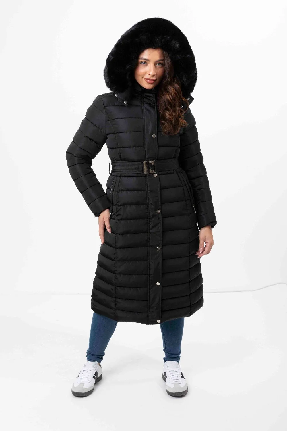 Faux Fur Trimmed Hood Quilted And Belted Shimmer Long Padded Coat