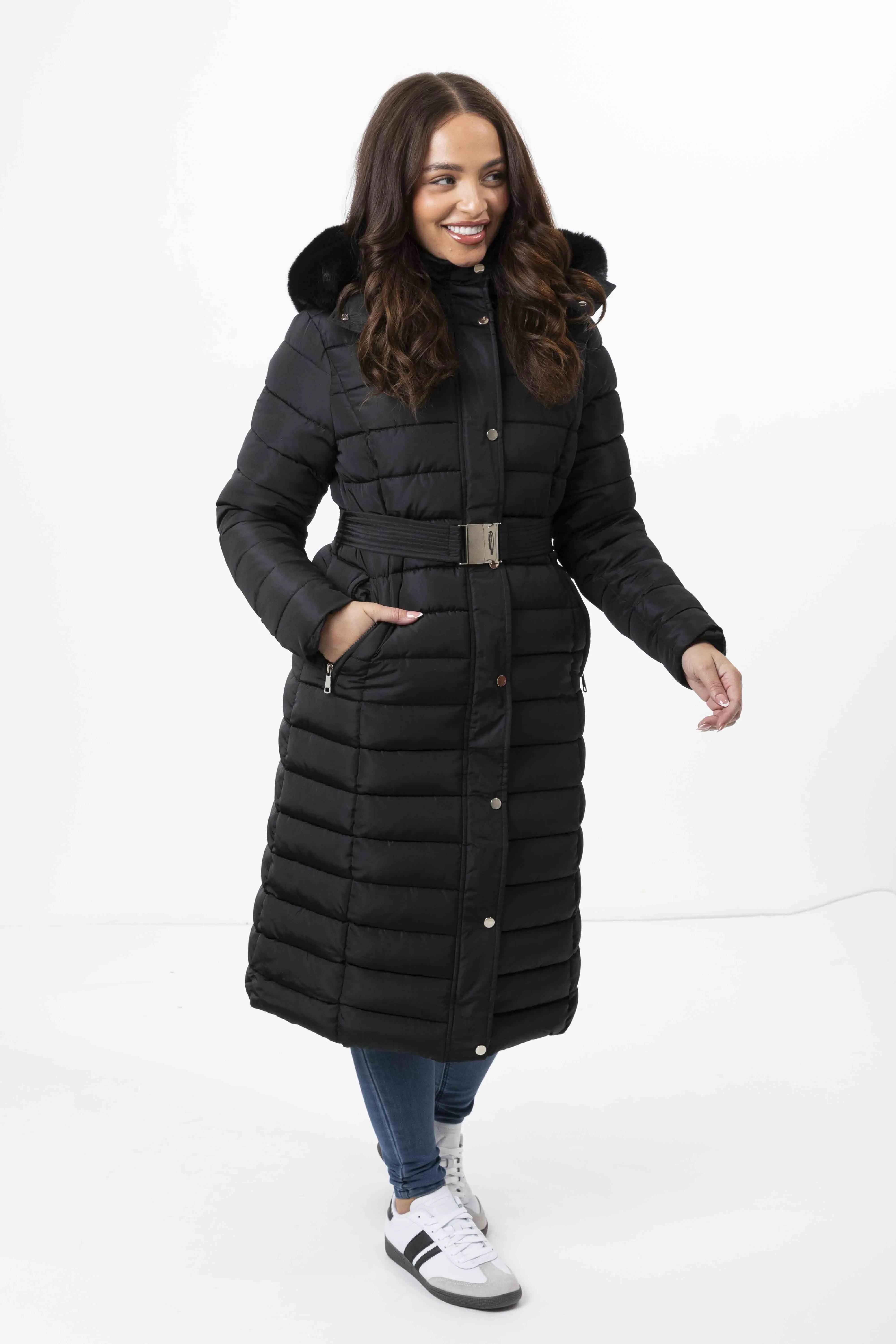 Faux Fur Trimmed Hood Quilted And Belted Shimmer Long Padded Coat