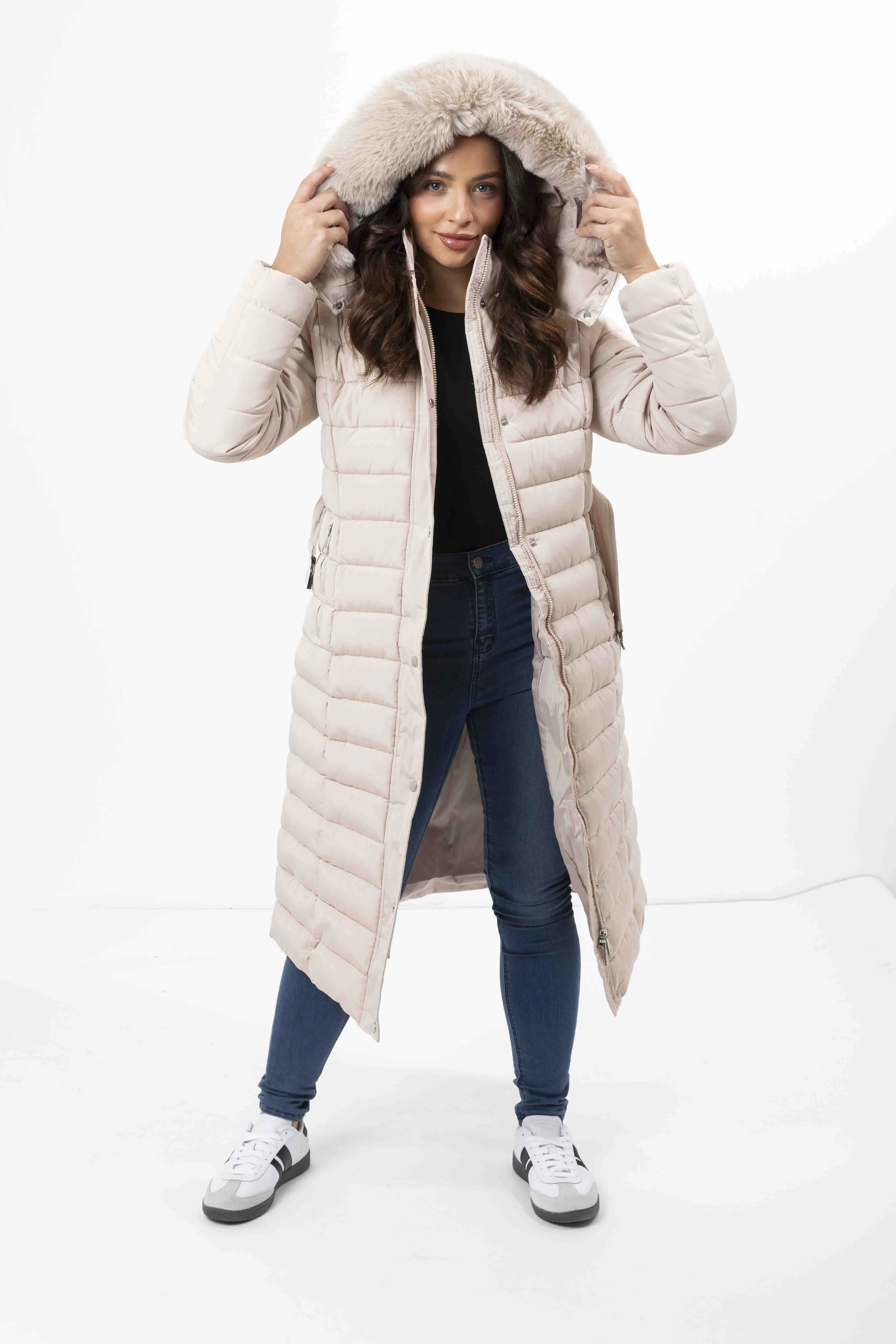 Faux Fur Trimmed Hood Quilted And Belted Shimmer Long Padded Coat