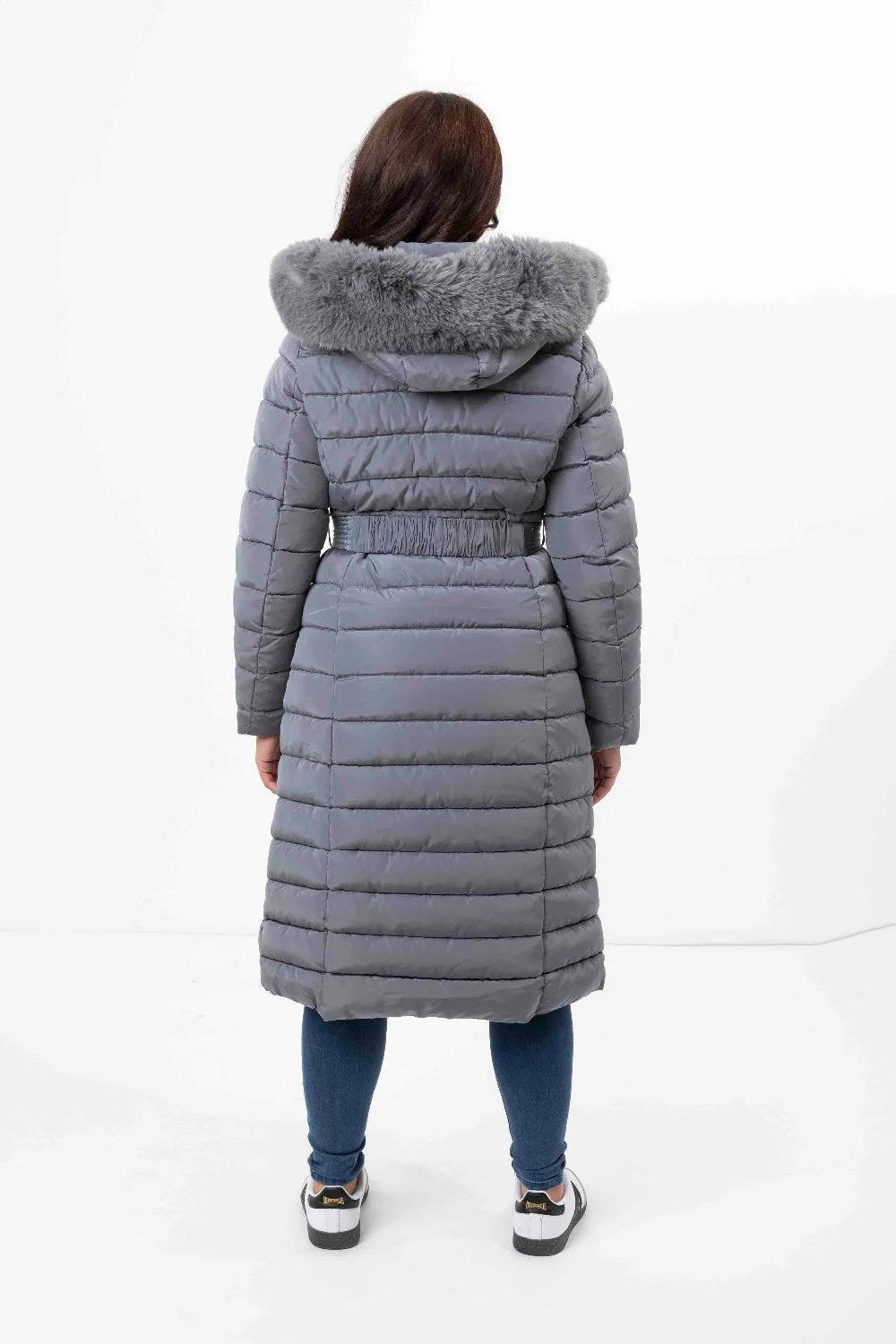 Faux Fur Trimmed Hood Quilted And Belted Shimmer Long Padded Coat