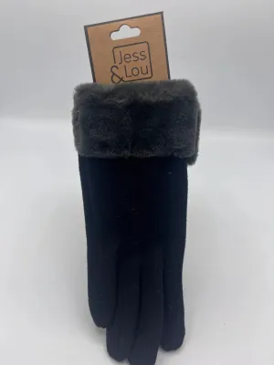 Faux Fur Trimmed Smart Gloves - Black