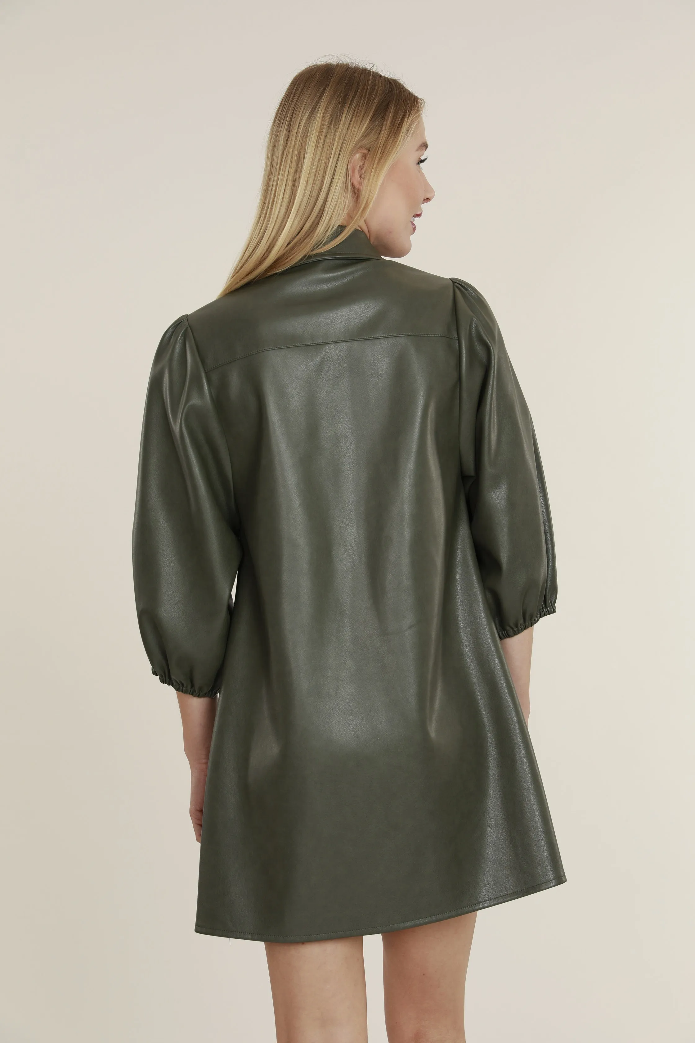 Faux Leather Dress with Puff Sleeves