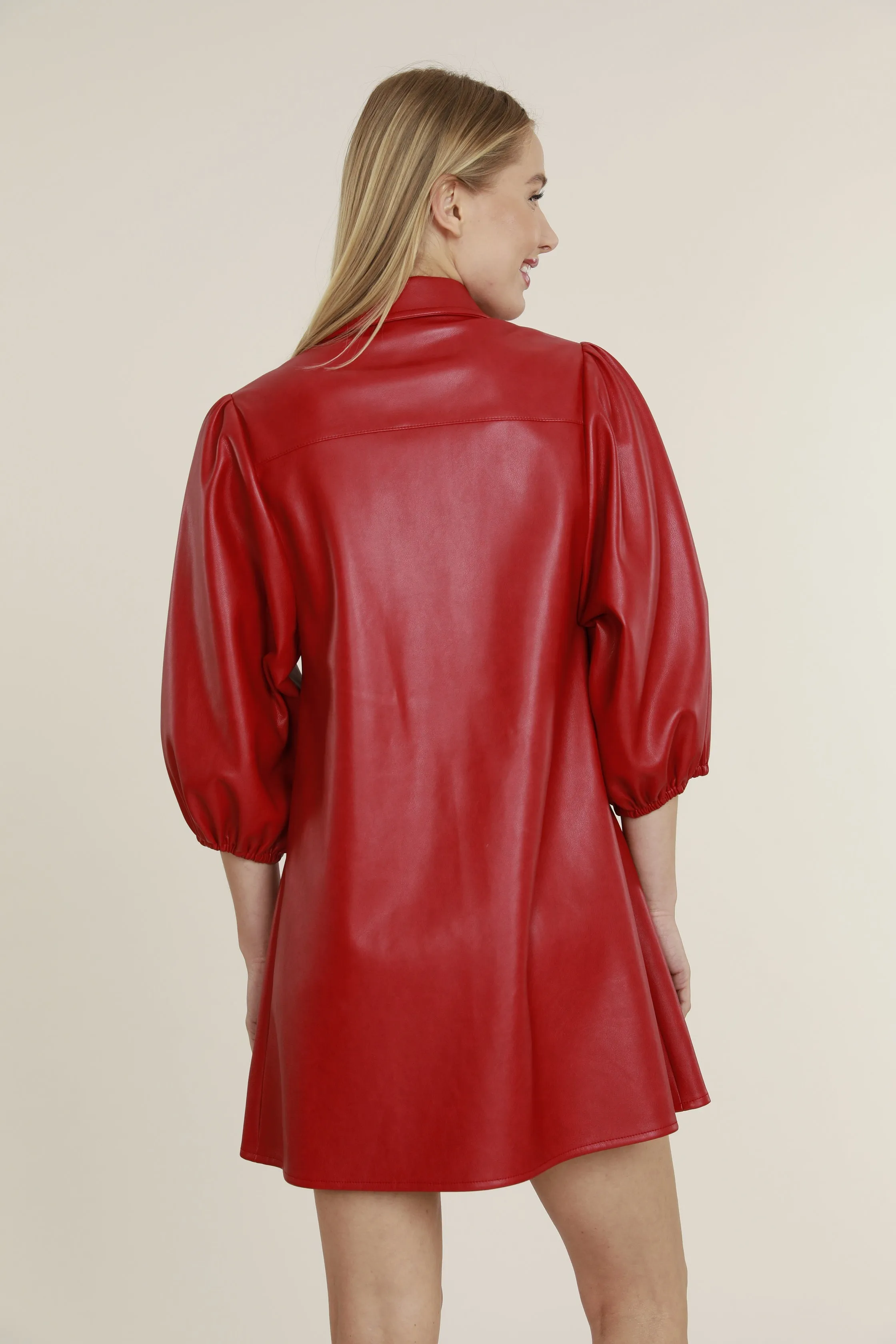 Faux Leather Dress with Puff Sleeves