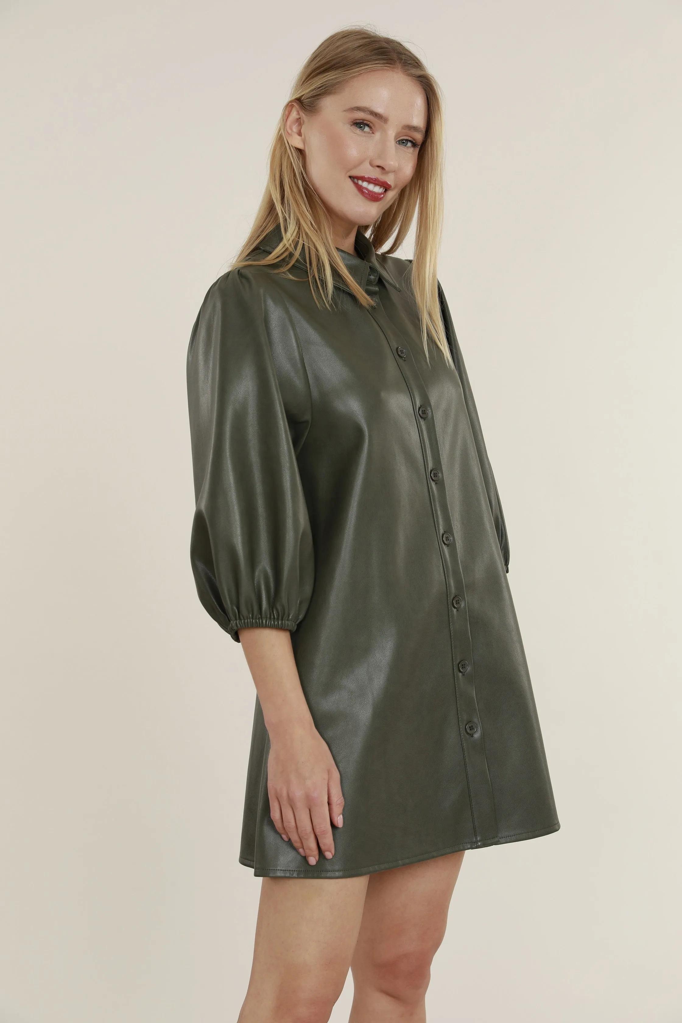 Faux Leather Dress with Puff Sleeves