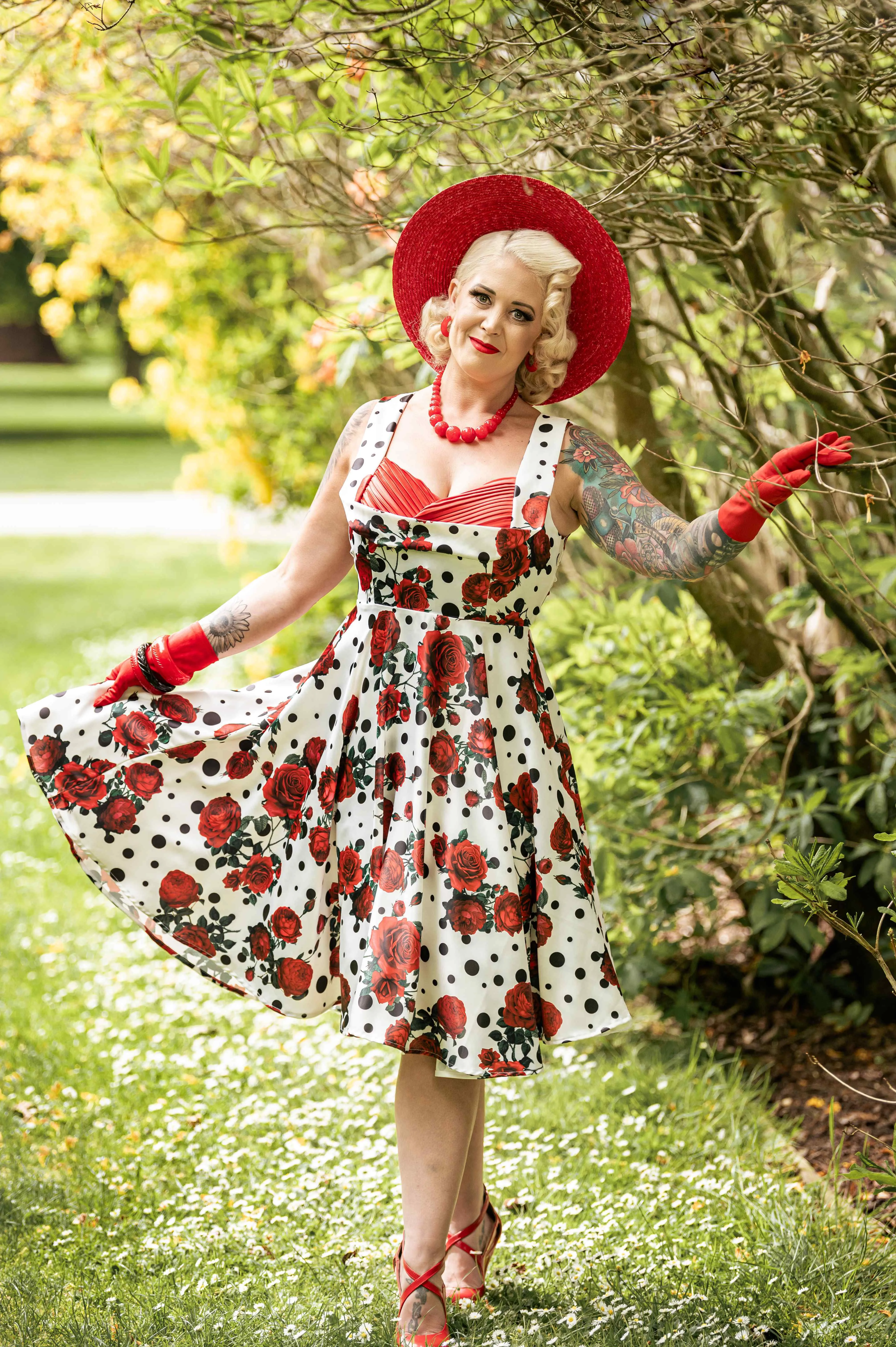 Grace Rockabilly Red Rose Pleated Bust Dress