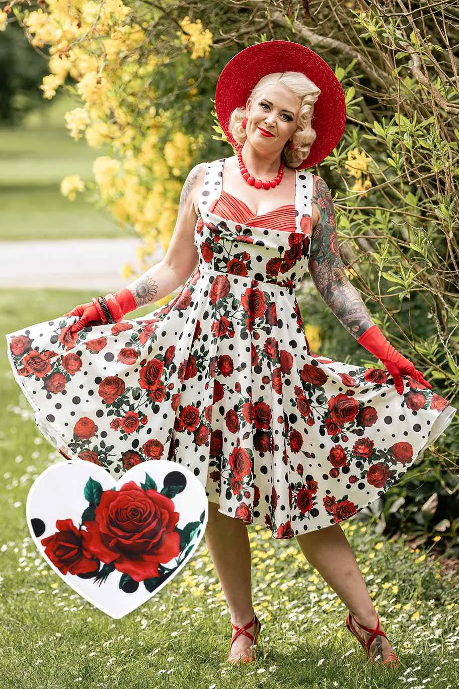 Grace Rockabilly Red Rose Pleated Bust Dress