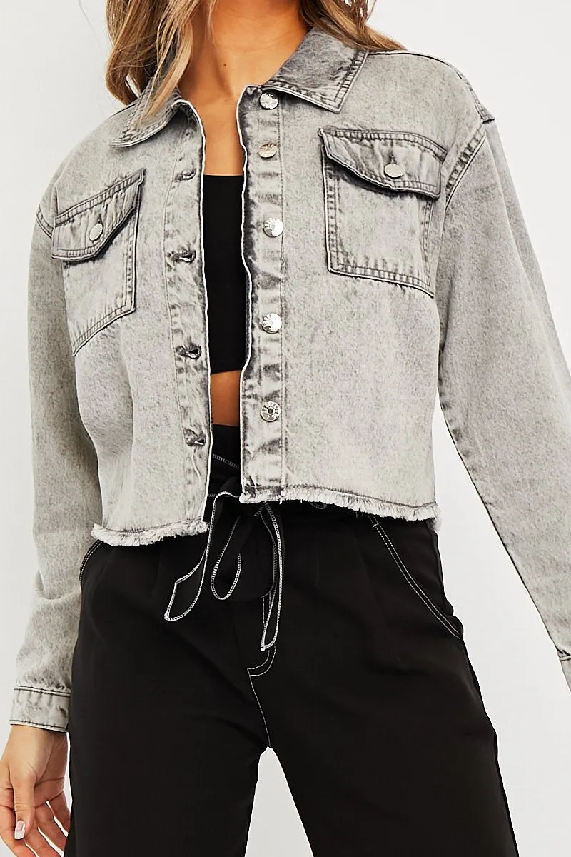 Grey Acid Frayed Hem Cropped Denim Jacket - Caryn